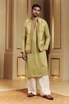 Buy_Punit Balana_Green Satin Embroidery Bandhani Pattern Bundi Kurta Set _at_Aza_Fashions