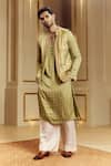 Shop_Punit Balana_Green Satin Embroidery Bandhani Pattern Bundi Kurta Set _at_Aza_Fashions