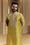 Shop_Punit Balana_Green Silk Mirrors, Embroidery Kanch Ka Kaam Kurta With Pant _at_Aza_Fashions