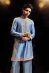 Shop_Punit Balana_Blue Silk, Satin, Linen Embroidery Saleti Kurta With Pant _at_Aza_Fashions
