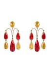 Shop_Auraa Trends_Multi Color Gemstones, Crystals Red And Yellow Statement Teardrop Earrings _at_Aza_Fashions