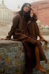 Shop_Ituvana_Brown Silk Applique V-neck Rayi Kurta And Flared Pant Set _at_Aza_Fashions