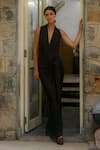 Shop_Ituvana_Black Cotton Plunge Neck Kaya Jersey Top And Sarong Skirt Set _at_Aza_Fashions
