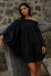 Shop_Ituvana_Black Silk Embroidery, Applique Off-shoulder Kumuda Balloon Dress _at_Aza_Fashions