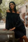 Shop_Ituvana_Black Silk Embroidery, Applique Off-shoulder Kumuda Balloon Dress _Online_at_Aza_Fashions