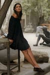 Ituvana_Black Silk Embroidery, Applique Off-shoulder Kumuda Balloon Dress _at_Aza_Fashions