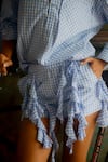 Shop_Ituvana_Sky Blue Cotton Ruffles Raffuru Madras Checkered Print Shirt And Shorts Set _at_Aza_Fashions