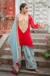 Buy_Wazir C_Red Silk Embroidery, Zari Boat Neck Floral Work Kurta Salwar Set _at_Aza_Fashions