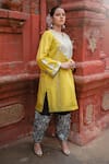 Wazir C_Yellow Silk Embroidery, Metallic Thread Notched Floral Work Kurta With Salwar _Online_at_Aza_Fashions