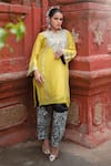 Buy_Wazir C_Yellow Silk Embroidery, Metallic Thread Notched Floral Work Kurta With Salwar _Online_at_Aza_Fashions