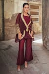 Buy_Wazir C_Maroon Silk, Cotton Embroidery, Zari Open Neck Jacket Pant Set _Online_at_Aza_Fashions