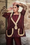 Shop_Wazir C_Maroon Silk, Cotton Embroidery, Zari Open Neck Jacket Pant Set _Online_at_Aza_Fashions