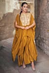 Buy_Wazir C_Mustard Crepe Embroidery, Metallic Thread Round Neck Kaftan With Dhoti Pant _at_Aza_Fashions