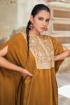 Buy_Wazir C_Mustard Crepe Embroidery, Metallic Thread Round Neck Kaftan With Dhoti Pant _Online_at_Aza_Fashions
