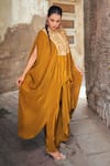 Shop_Wazir C_Mustard Crepe Embroidery, Metallic Thread Round Neck Kaftan With Dhoti Pant _Online_at_Aza_Fashions