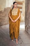 Wazir C_Mustard Crepe Embroidery, Metallic Thread Round Neck Kaftan With Dhoti Pant _at_Aza_Fashions