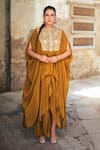 Buy_Wazir C_Mustard Crepe Embroidery, Metallic Thread Round Neck Kaftan With Dhoti Pant 