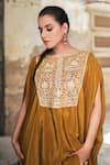Shop_Wazir C_Mustard Crepe Embroidery, Metallic Thread Round Neck Kaftan With Dhoti Pant 