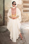 Buy_Wazir C_Off White Cotton Embroidery, Fringe High , Keyhole Kaftan _at_Aza_Fashions