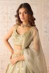 Shyam Narayan Prasad_Green Organza, Brocade Zari, Embroidery Scoop Neck Polka Dot Woven Lehenga Set _Online_at_Aza_Fashions