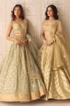 Buy_Shyam Narayan Prasad_Green Organza, Brocade Zari, Embroidery Scoop Neck Polka Dot Woven Lehenga Set _Online_at_Aza_Fashions