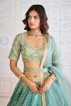 Shyam Narayan Prasad_Green Organza, Brocade Zari, Embroidery, Gota Patti, Geometric Woven Lehenga Set _Online_at_Aza_Fashions