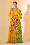 Buy_K-Anshika_Mustard Georgette Embroidery, Tassels V-neck Draped Gown And Leheriya Dupatta Set _at_Aza_Fashions