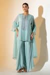 Buy_K-Anshika_Sky Blue Crepe, Organza Embroidery Split V-neck Kurta Set _at_Aza_Fashions