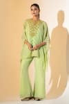 Buy_K-Anshika_Lime Georgette Embroidery Round Neck Kaftan And Pant Set _at_Aza_Fashions