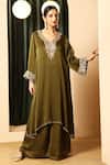 Buy_House Of Supriya_Olive Green Chiffon, Satin Embroidery, Metallic Thread V-neck Kurta With Palazzo _at_Aza_Fashions