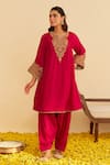 Buy_Sheetal Batra_Fuchsia Silk Embroidery Split V-neck Marwa Chauga Kurta With Salwar _at_Aza_Fashions