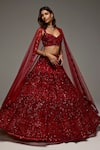 Opus Atelier_Red Tulle, Net Sequins, Beads, Tassels, Embroidery V-neck Roselyn Lehenga Set _Online_at_Aza_Fashions