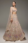 Shop_Opus Atelier_Beige Tulle, Satin Embroidery, Sequins, Beads, Metallic Alison Lehenga Set _Online_at_Aza_Fashions