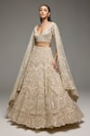 Opus Atelier_Beige Net, Tulle Embroidery, Sequins V-neck Marisol Lehenga Set _at_Aza_Fashions