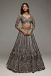 Shop_Opus Atelier_Gray Tulle, Net Sequins, Beads, Embroidery Leaf Neck Greyarielle Lehenga Set _at_Aza_Fashions
