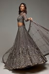 Opus Atelier_Gray Tulle, Net Sequins, Beads, Embroidery Leaf Neck Greyarielle Lehenga Set _Online_at_Aza_Fashions