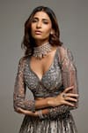 Shop_Opus Atelier_Gray Tulle, Net Sequins, Beads, Embroidery Leaf Neck Greyarielle Lehenga Set _Online_at_Aza_Fashions