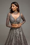 Opus Atelier_Gray Tulle, Net Sequins, Beads, Embroidery Leaf Neck Greyarielle Lehenga Set _at_Aza_Fashions