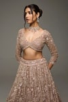 Shop_Opus Atelier_Beige Tulle, Net Embroidery, Sequins, Beads V-neck Jasmine Lehenga Set _Online_at_Aza_Fashions