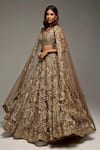 Buy_Opus Atelier_Gold Tulle, Net Embroidery, Sequins, Zari, Stones V-neck Brown Ruth Lehenga Set _Online_at_Aza_Fashions