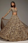 Shop_Opus Atelier_Gold Tulle, Net Embroidery, Sequins, Zari, Stones V-neck Brown Ruth Lehenga Set _Online_at_Aza_Fashions