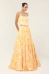Shop_Libas Cafe by Nidhi & Ashish_Yellow Crepe Embroidery, Beads, Sequins Embellished Corset And Printed Lehenga Set _at_Aza_Fashions