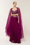 Buy_Libas Cafe by Nidhi & Ashish_Purple Crepe Embroidery, Sequins Open Neck, Blouse And Dhoti Skirt With Sheer Cape _at_Aza_Fashions