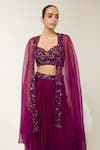 Shop_Libas Cafe by Nidhi & Ashish_Purple Crepe Embroidery, Sequins Open Neck, Blouse And Dhoti Skirt With Sheer Cape _Online_at_Aza_Fashions