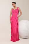 Buy_Libas Cafe by Nidhi & Ashish_Pink Satin Sequins Sweetheart Neck Pre-draped Saree And Corset Set _at_Aza_Fashions