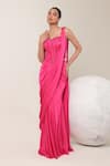 Shop_Libas Cafe by Nidhi & Ashish_Pink Satin Sequins Sweetheart Neck Pre-draped Saree And Corset Set _at_Aza_Fashions