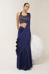 Shop_Libas Cafe by Nidhi & Ashish_Navy Satin Sequins, Embroidery Halter Neck Hand Corset And Pre-draped Saree Set _at_Aza_Fashions