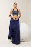 Buy_Libas Cafe by Nidhi & Ashish_Navy Satin Sequins, Embroidery Halter Neck Hand Corset And Pre-draped Saree Set _at_Aza_Fashions