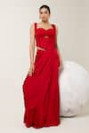 Buy_Libas Cafe by Nidhi & Ashish_Red Satin Sweetheart Neck Pre-draped Saree With Structured Corset Blouse _at_Aza_Fashions