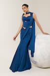 Shop_Libas Cafe by Nidhi & Ashish_Teal Satin Sweetheart Neck Armani Pre-draped Saree And Cutout Corset _at_Aza_Fashions